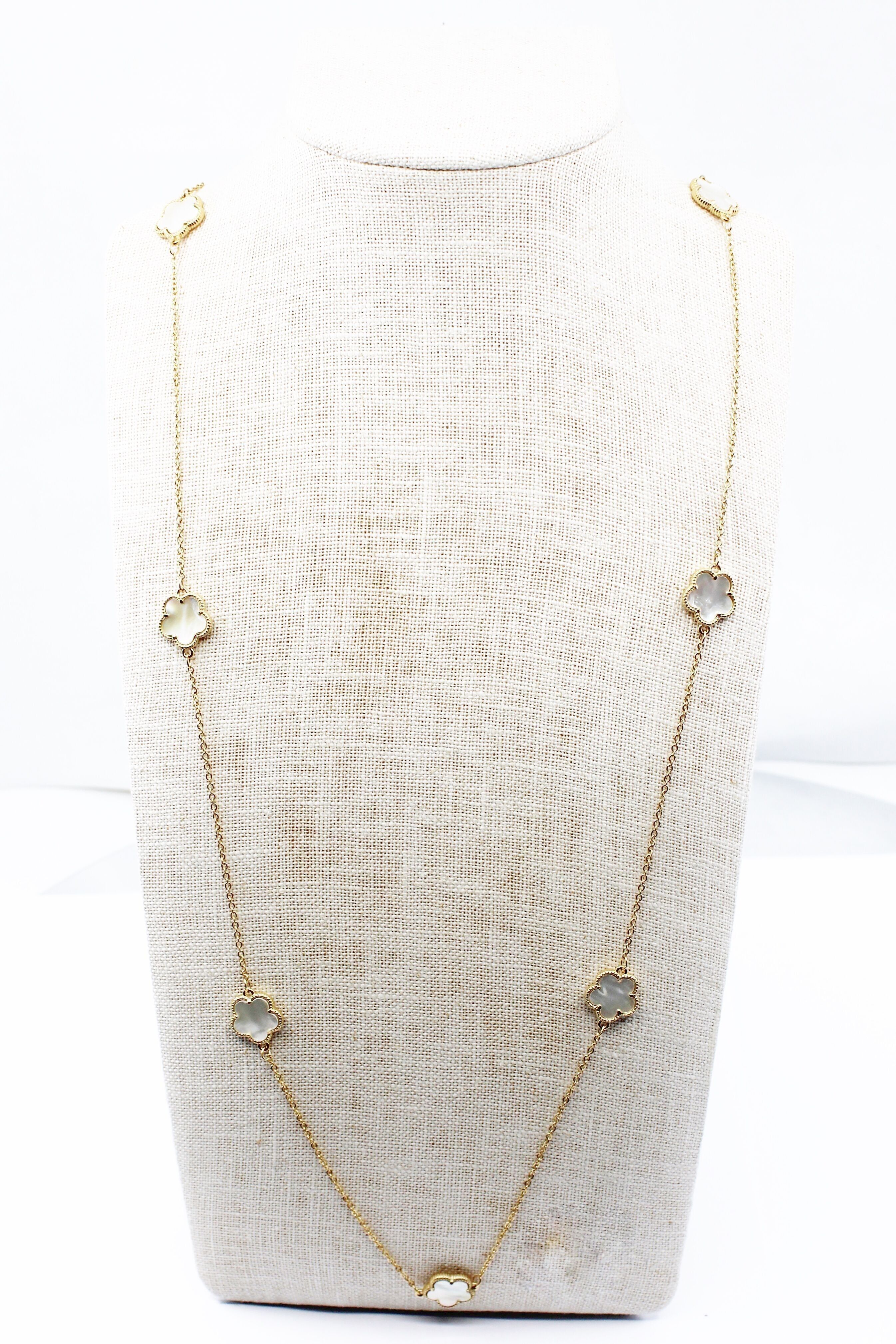 Collar Largo Cadena Oro Acero Inoxidable Fino 7 Flores Piedra Natural