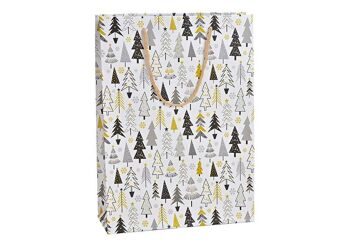 Sac cadeau décor forêt d'hiver en papier/carton blanc (L/H/P) 25x34x8cm