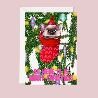 Tarjeta de Navidad retro con gatito y media | Linda tarjeta de Navidad