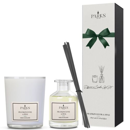 Frankincense & Pine Scented Candle & Diffuser Set - 180g, 100% natural wax, Coreless Cleanburn™, 100ml, Alcohol-free Reed Diffuser, Made in UK, Hand-blended fragrance.
