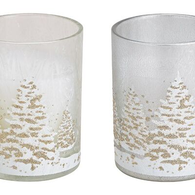 Farol de cristal con decoración de bosque de invierno de cera blanco