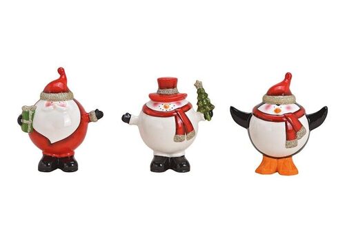 Nikolaus, Pinguin, Schneemann mit Weihnachtsmütze aus Keramik Bunt 3-fach, (B/H/T) 11x13x9cm