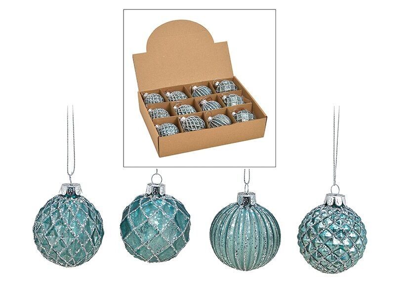 Palla di Natale glitterata in vetro, 4 volte, turchese/argento Ø6cm