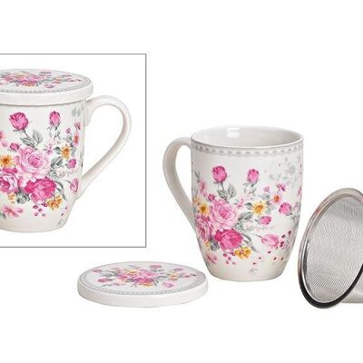 Cup rose decor with lid and metal sieve made of porcelain pink / pink (W / H / D) 12x12x9cm 300ml