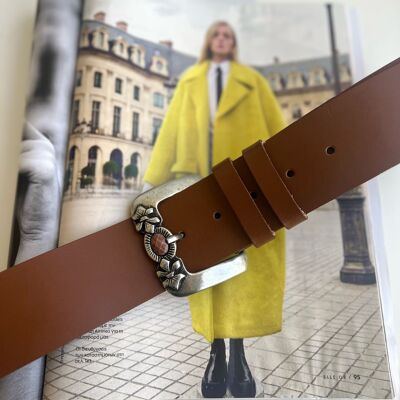 Brown Belt Women, Wide Leather Belt, Waist Belt with Silver Buckles, Gift for Her, Made from Real Genuine Leather, Made in Greece - Hot Sand