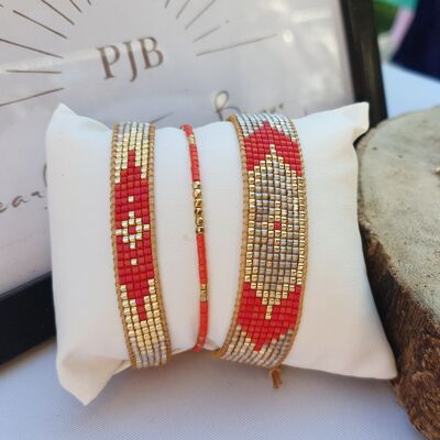 Bohemian hippie chic bracelet hand-woven in Miyuki Delica beads - Vermilion, gold and iris quartz