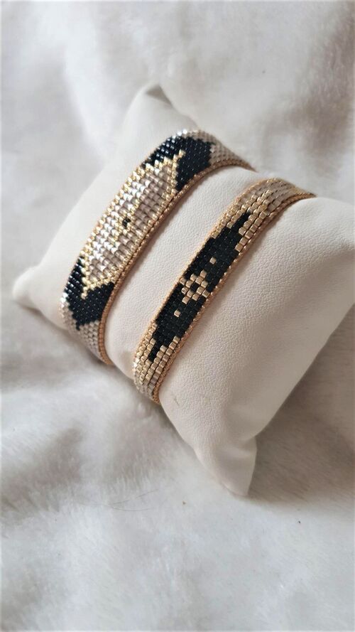 Bracelet hippie chic Bohême tissé a la main en perles Miyuki Delica - Noir, doré et quartz iris