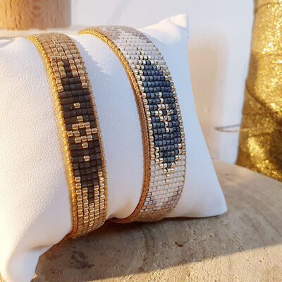 Böhmisches Hippie-Chic-Armband, handgewebt aus Miyuki Delica-Perlen – schillerndes Grau, Gold und Irisquarz
