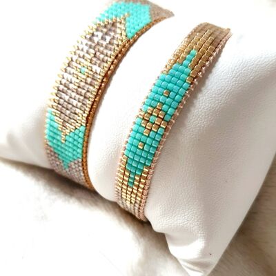 Hippie-Chic-Bohemian-Armband, handgewebt aus Miyuki Delica-Perlen – Blau, Gold und schillernder Quarz