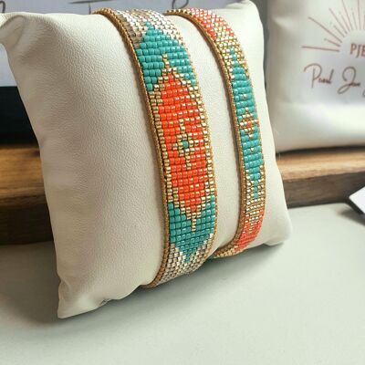 Bohemian hippie chic bracelet hand-woven in Miyuki beads - turquoise and orange