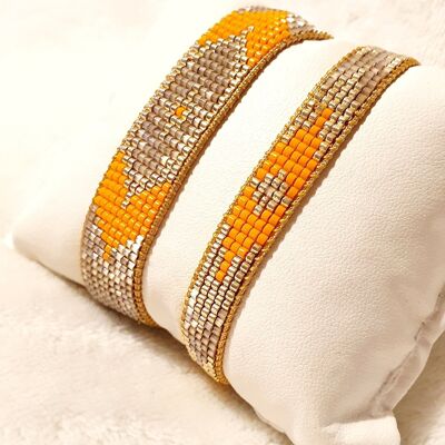 Böhmisches Hippie-Chic-Armband, handgewebt aus Miyuki Delica-Perlen – Mandarine, Gold und schillernder Quarz