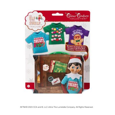 THE ELF ON THE SHELF "CLAUS COUTURE" COSTUMES PACK 3 T-SHIRTS AND SOUVENIR SUITCASE