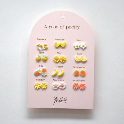 Card of 12 earrings on the theme of one year of Poésie Vive