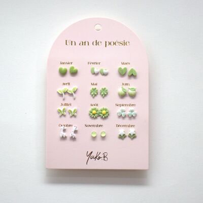 Carte de 12 boucles d'oreilles sur le thème un an de Poésie Verte