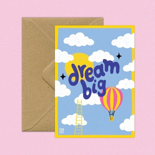 Carte postale "Dream big" jour et nuit  | lettering, citation positive, galaxie, nuages