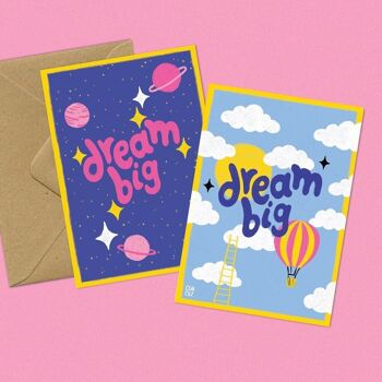 Carte postale "Dream big" jour et nuit  | lettering, citation positive, galaxie, nuages 3