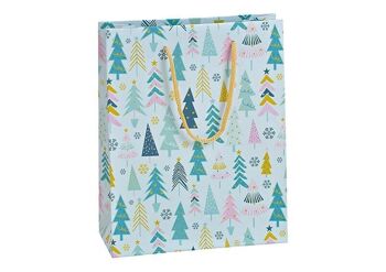 Sac cadeau décor forêt d'hiver en papier/carton vert (L/H/P) 18x23x8cm