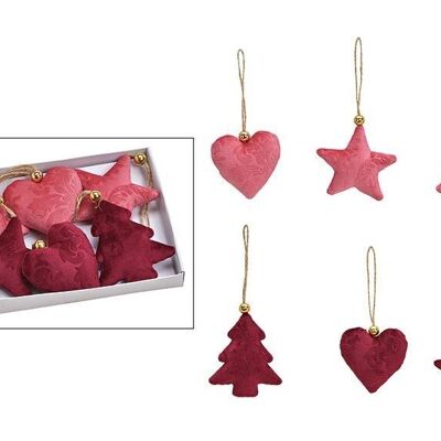 Juego de perchas árbol, corazón, estrella 6x7x2cm de textil Burdeos, rosa, 6 unidades, (An/Al/Pr) 17x12x2cm
