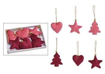 Set de suspensions arbre, coeur, étoile 6x7x2cm en textile Bordeaux, rose lot de 6, (L/H/P) 17x12x2cm
