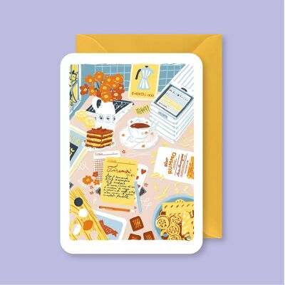 🇫🇷 Postkarte mit der Illustration „Tiramisù“ und seinem Umschlag · 🇬🇧 Postkarte mit der Illustration „Tiramisù“ und seinem Umschlag