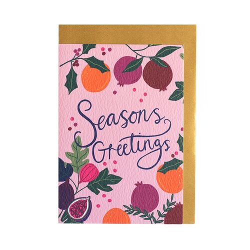 Seasons Greetings Pink Botanical Fruits Christmas Card