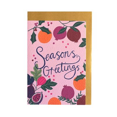 Tarjeta navideña de frutas botánicas rosas de Seasons Greetings