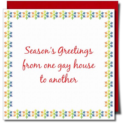 Season’s Greetings from One Gay House to Another. Lgbtq+ Christmas Card.