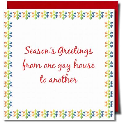 Saludos navideños de una casa gay a otra. Tarjeta de Navidad Lgbtq+.
