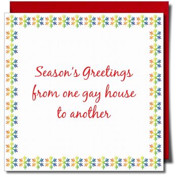 Salutations de fin d'année d'une maison gay à l'autre. Carte de Noël LGBTQ+. 1
