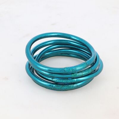 Thick ocean blue Buddhist bangle with an engraved mantra "Happiness, Luck, Fortune and Love" in Thai