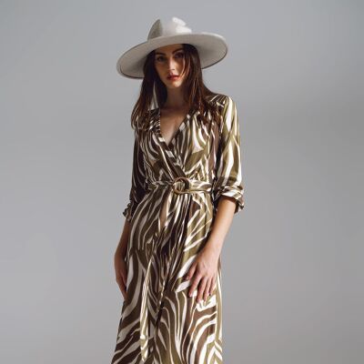 Midi Belted Wrap Dress in Olive Green and Cream Zebra Print