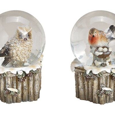 Oiseau boule à neige, décor hibou en poly, verre gris 2 volets, (L / H / P) 5x7x5cm