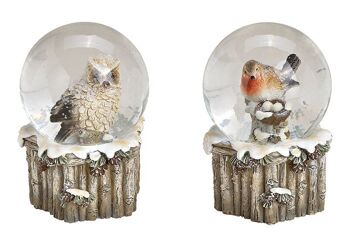 Oiseau boule à neige, décor hibou en poly, verre gris 2 volets, (L / H / P) 5x7x5cm