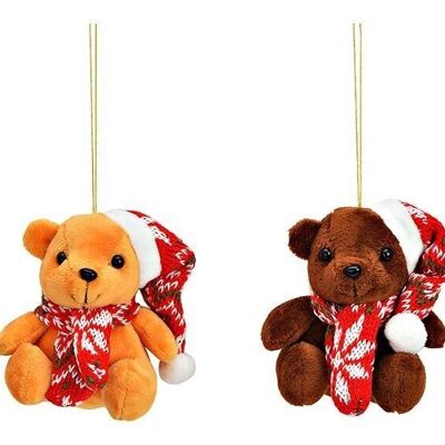 Hanging plush bear with hat and scarf, 2 assorted, 9x10x7cm
