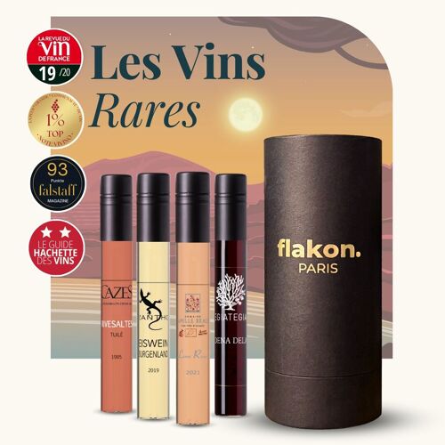 COFFRET ŒNOLOGIE - VINS RARES - 4 FLACONS DE VINS DE 10CL - 1 ORANGE, 1 BLANC, 1 ROUGE, 1 MUTÉ - FLAKON