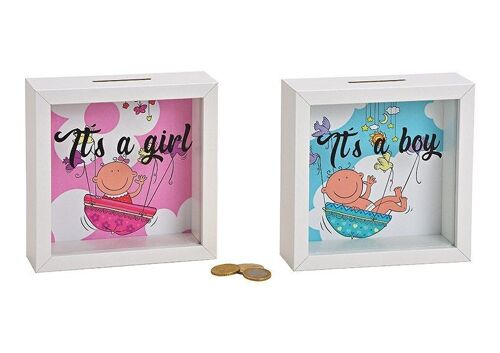 Spardose Baby, Its a girl, Its a boy aus Holz, Glas Pink/Rosa, blau 2-fach, (B/H/T) 15x15x5cm