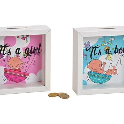 Money box Baby, Its a girl, Its a boy made of wood, glass pink / pink, blue double, (W / H / D) 15x15x5cm