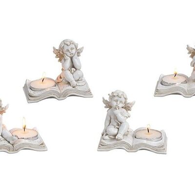 Tealight holder angel on book with tea light made of poly white 4-fold