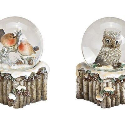 Oiseau boule à neige, décor hibou en poly, verre gris 2 volets, (L / H / P) 8x9x8cm