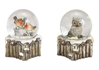 Oiseau boule à neige, décor hibou en poly, verre gris 2 volets, (L / H / P) 8x9x8cm