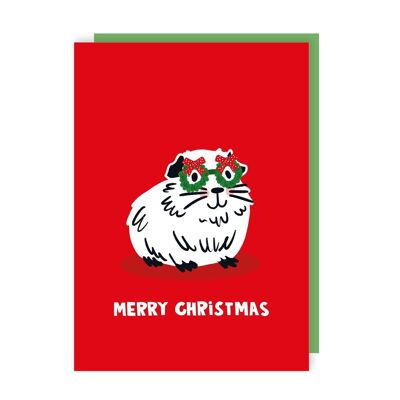 Funny Cute Guinea Pig in Christmas Glasses Christmas Card pack of 6