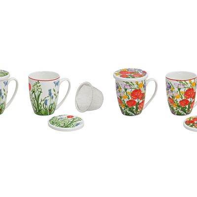 Tasse à thé avec couvercle et tamis, décoration florale, 2 faces assorties, 11 cm