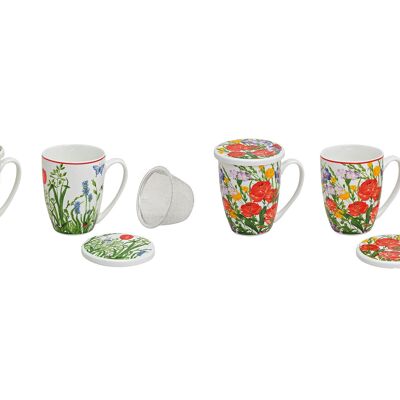 Tasse à thé avec couvercle et tamis, décoration florale, 2 faces assorties, 11 cm