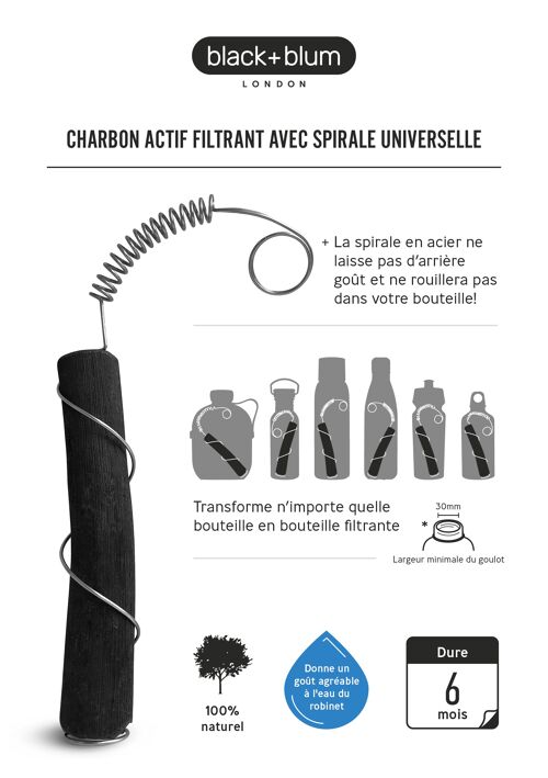 Binchotan Activated Carbon Refill + Universal Spiral x 1 (Active Charcoal Water Filter with Locking Coil)