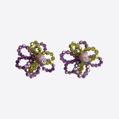 Boucles d'oreilles en céramique et cristal clair Rosée de fleurs lilas et vertes