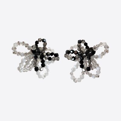 Ceramic and light crystal earrings Black and white flower dew