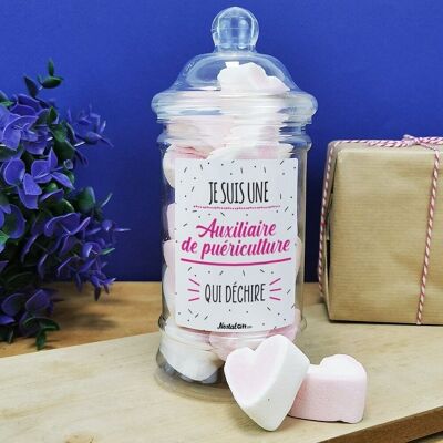 Scatola di caramelle con cuori di marshmallow "Sono un'assistente per l'infanzia che spacca" - regalo per la cameretta