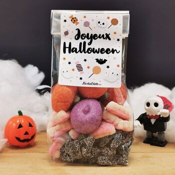 Sachet de Bonbons Halloween : tarentules noirs, dentiers et 5 guimauves tête de mort et citrouille 1