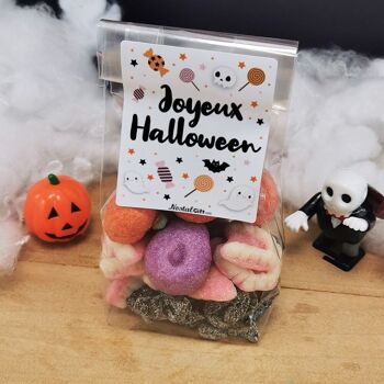 Sachet de Bonbons Halloween : tarentules noirs, dentiers et 5 guimauves tête de mort et citrouille 2