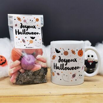 Mug et bonbons Halloween acidulés - tarentules noires, dentiers et guimauves citrouille et tête de mort 1